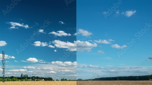 Visual effect of the polarizing filter on the example of a summer rural landscape with beautiful clouds. 