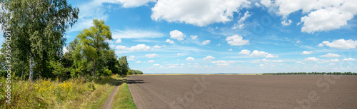 Summer rural panoramic landscape with blue sky with beautiful clouds over the country road and plowed field