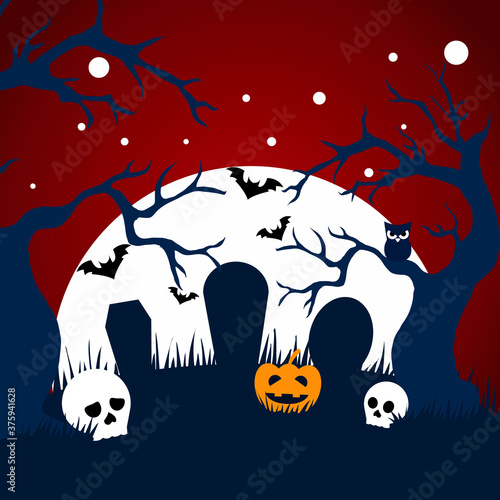 Vector background illustration of a halloween graveyard and tombstones