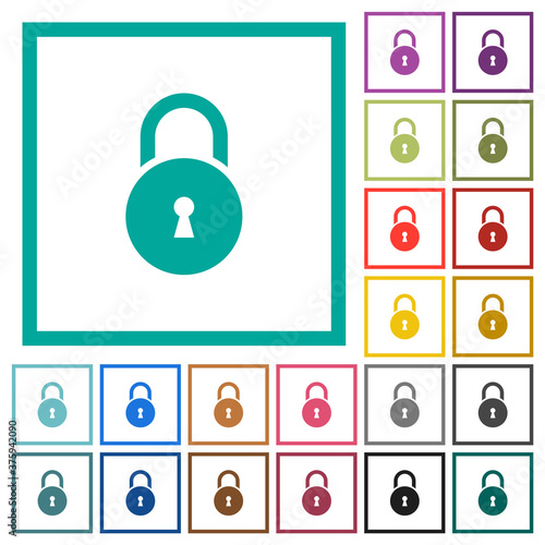 Locked round padlock with keyhole flat color icons with quadrant frames