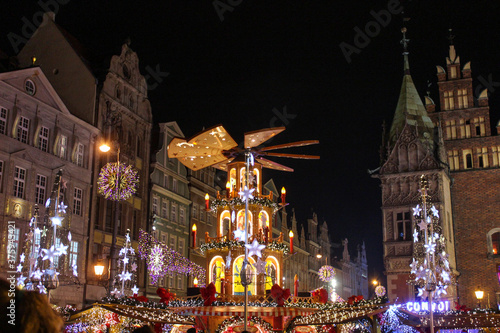 Wroclaw, Poland - December 11, 2017: City Street In Christmas Time Decorations In Evening