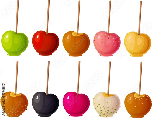 Vector illustration of various candy apples and caramel apples for Halloween isolated on white background.