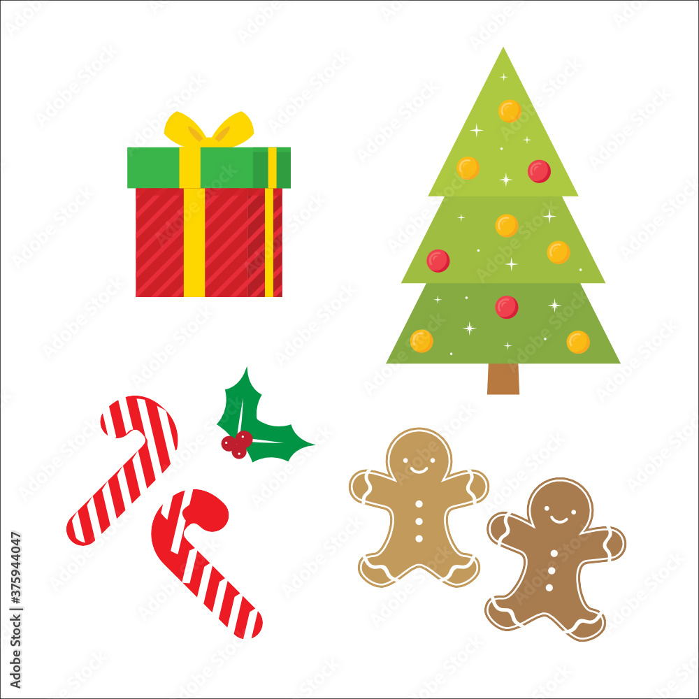 Naklejka premium Christmas Tree, Present, Candy Cane, Mistletoe, Gingerbread Man Vector Illustration Set