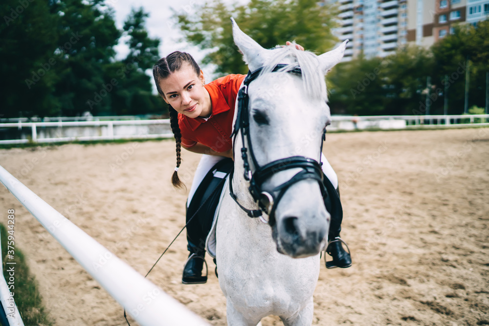 Female jockey sitting in saddle on horse near barrier Female jockey sitting in saddle on horse near barrier
