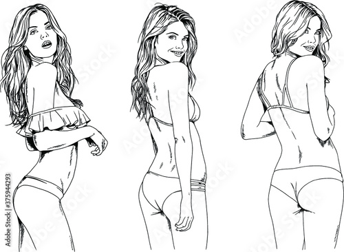 vector drawings sketches beautiful girls blondes in swimsuits in sexual poses drawn in ink by hand , objects with no background