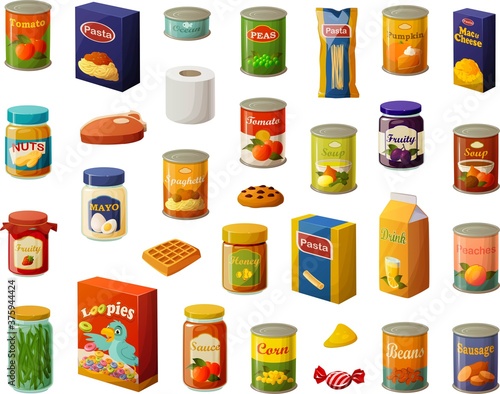 Vector illustration of various pantry prepping items of cans and jars and toilet paper isolated on white background
