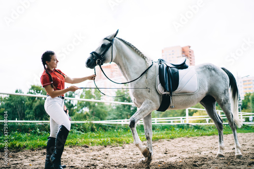 Concentrated young woman training horse on sand arena