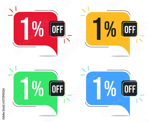 1% off. Red, yellow, green and blue tags with one percent discount. Banner with four colorful balloons with special offers vector.