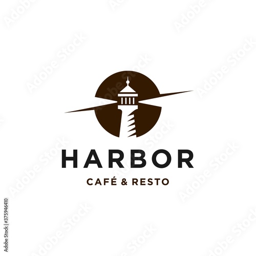 lighthouse beacon searchlight harbor logo design in trendy linear line icon style for a cafe business and restaurant