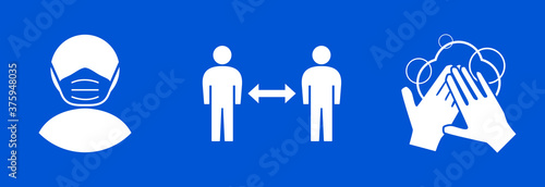 Set of Measure or Instruction Icons against the Spread of Coronavirus Covid-19, including Wear Face Masks, Keep Your Distance and Wash Your Hands. Vector Image.