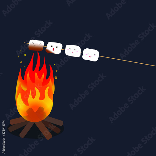 Vector image of a marshmallow that is fried on a fire. Marshmallows experience different emotions depending on their location above the fire.