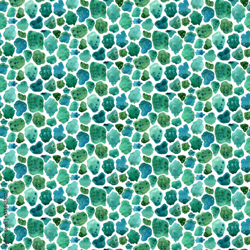 Seamless abstract watercolor pattern. Green aquarelle spots. Hand drawn seamless abstract background for print on fabric or wrapping paper.