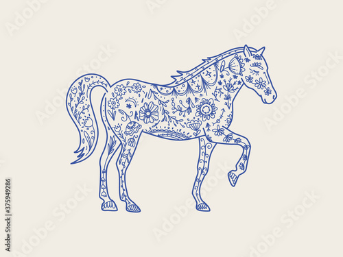 Scandinavian folk animal. Horse in line style with ornate decoration  symbols  floral pattern. 