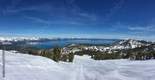 Panoramic view of Lake Tahoe from high up on Heavenly Ski Resort, Lake Tahoe, California and Nevada