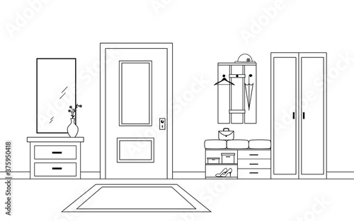 Hallway interior with furniture. Lineart design. Flat style. Vector illustration isolated on white background