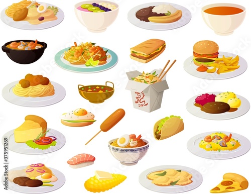 Vector illustration of various international food dishes, soups and snacks isolated on white background.