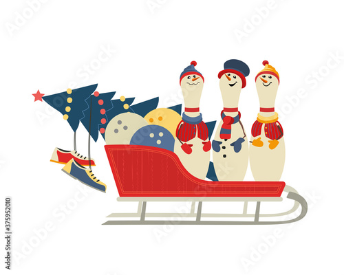 Cute Christmas bowling pins in sleigh vector icon