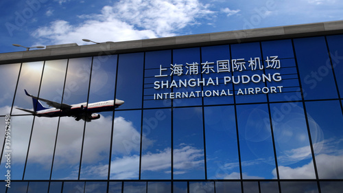 Photography Airplane landing at Shanghai Pudong mirrored in terminal