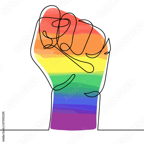 Continuous line drawing of rainbow colored strong fist raised up. Human arm in LGBT flag colors with clenched fingers, one line drawing vector illustration. Concept of gay pride, lgbt, love