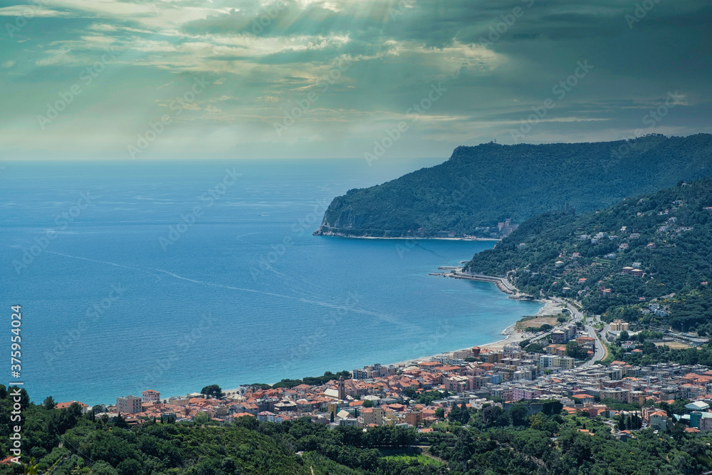 the Ligurian coast of the province of Savona with Spotorno and the island of Bergeggi