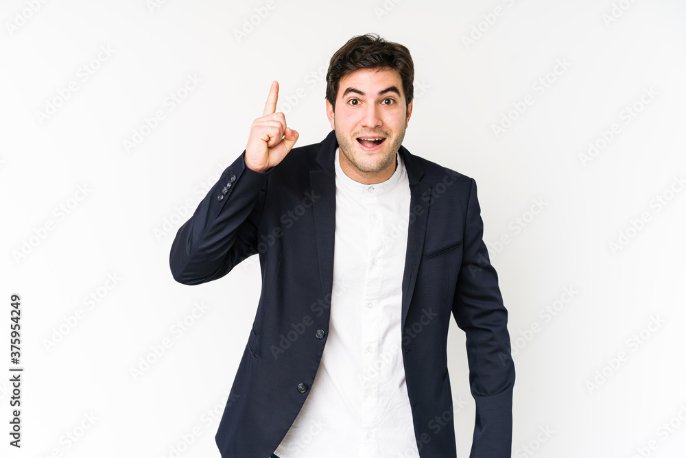 Young business man isolated on white background having an idea, inspiration concept. Young business man isolated on white background having an idea, inspiration concept.