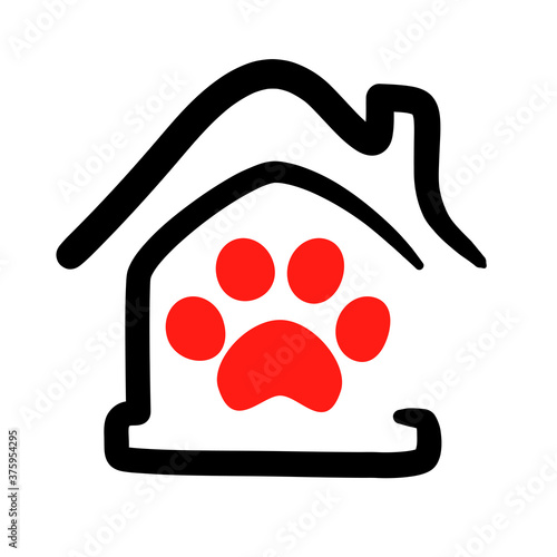 Pets home logo Isolated vector. Animal paw in outline house illustration. Zoo hotel graphic emblem. Dog sitter abstract sign. Pet icon for veterinary, shop, store or grooming service