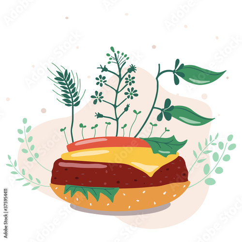 Plant-based meat concept. Vector illustration. Vegetable burger. Replacing animal meat to plant-based is a rational use of land resources, reducing methane emissions from cows.