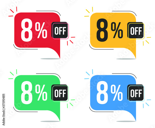 8% off. Red, yellow, green and blue tags with eight percent discount. Banner with four colorful balloons with special offers vector.