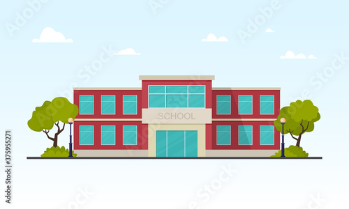 High school building exterior isolated on white background. Public educational institution. Vector illustration.