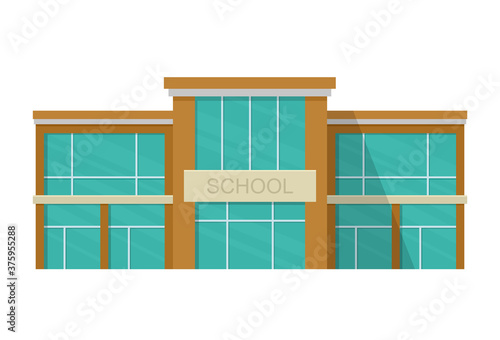 School building facade with big glass windows. Public educational institution. Vector illustration isolated on white background.