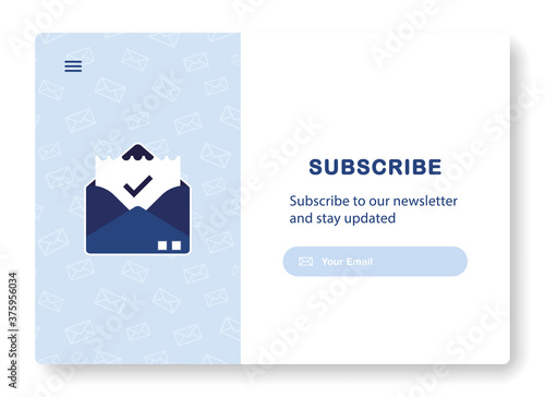 Banner of email marketing. Subscription to newsletter, news, offers, promotions. A letter in an envelope. Mock up template. Subscribe. Send by mail. Follow me. Popping window. Blue. Eps 10