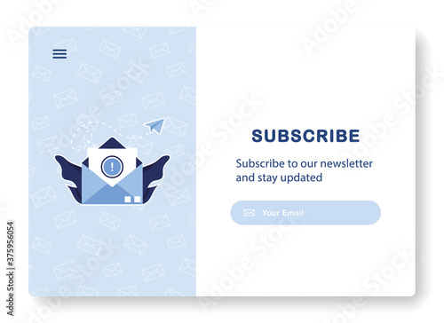 Banner of email marketing. Subscription to newsletter, news, offers, promotions. A letter in an envelope. Mock up template. Subscribe. Popping window. Send by mail. Blue. Eps 10