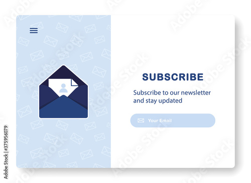 Banner of email marketing. Subscription to newsletter, news, offers, promotions. A letter in an envelope. Mock up template. Subscribe. Popping window. Send by mail. Blue and White. Eps 10