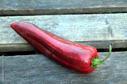 Long ripe red sweet pepper on old wooden grid horizontal photo close up
