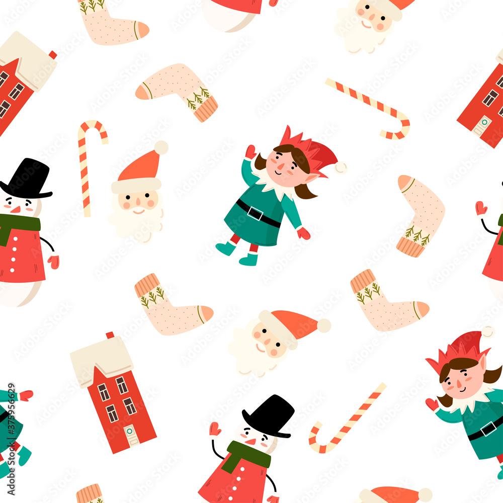 seamless Christmas pattern with cute cartoon elements