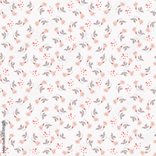 Simple vector floral seamless pattern. Abstract background with small flowers, leaves. Liberty style wallpapers. Ditsy texture. Folk style painting. Design for textile, fabric, linen, decor, linens
