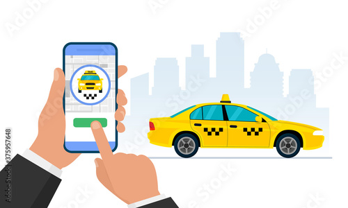 Taxi mobile app concept. Hand holding smartphone with taxi application. Vector illustration web banner.