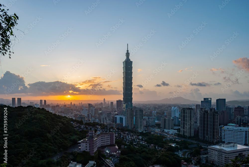 Sunset high angle view of the cityscape of Xinyi District