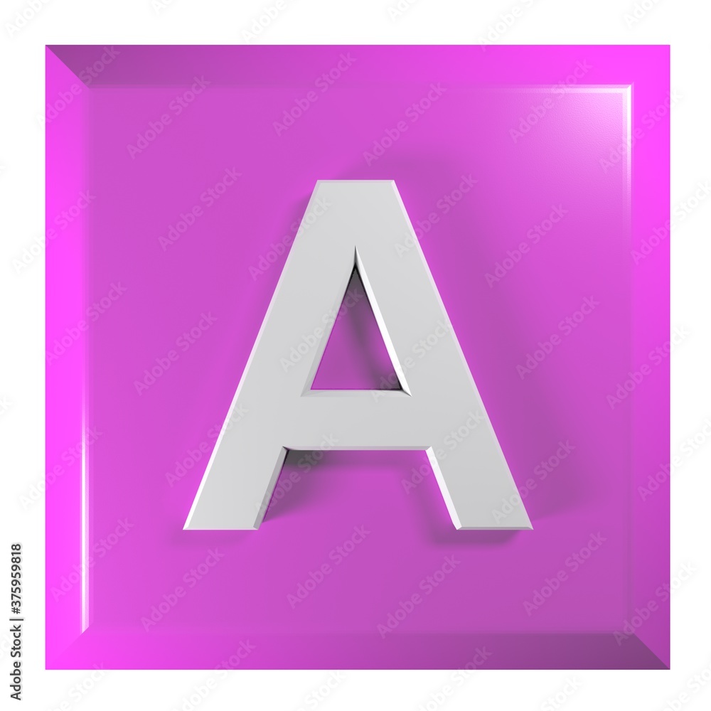 Pink square push button with the alphabetic letter A - 3D rendering illustration Pink square push button with the alphabetic letter A - 3D rendering illustration