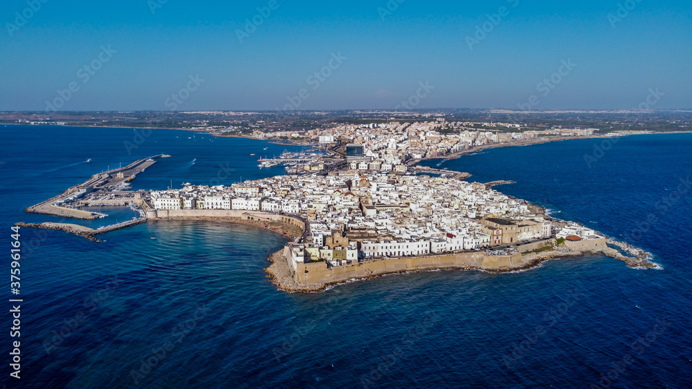 Aerial view of Gallipoli on the Salento peninsula in the south of Italy (Apulia) - Overview of the city built on a narrow peninsula in the Ionian Sea