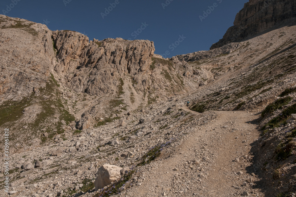 View of the Sesto (Sexten) Dolomites mountains as seen from the trekking trail #104 to Pian di Cengia refuge, Dolomites, South, Tirol, Italy.