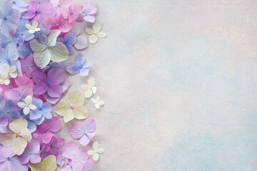 Decorative background with colored hydrangea flowers, space for text