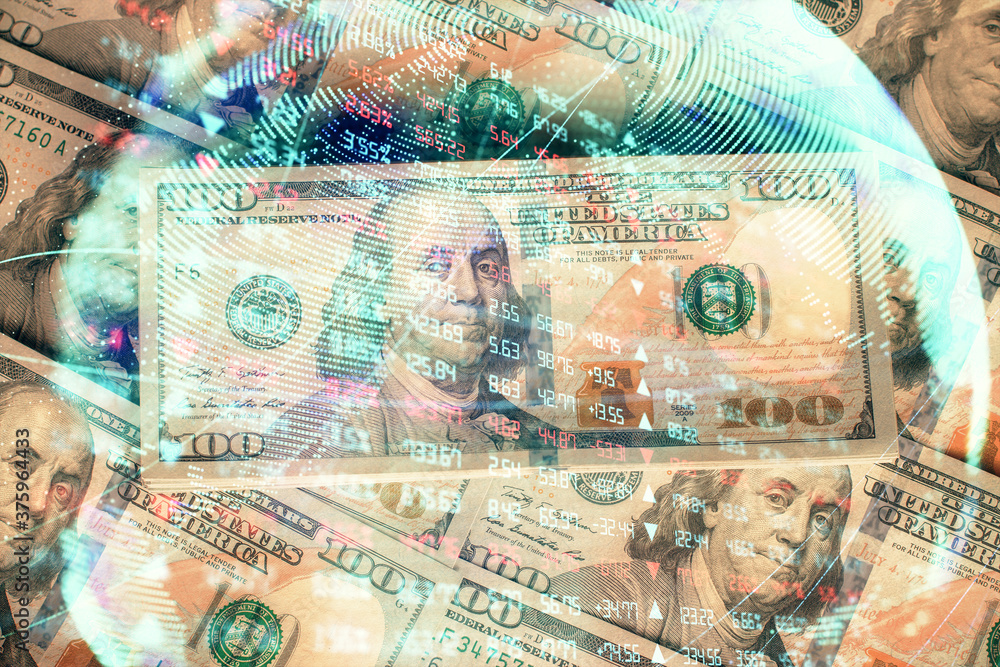 Multi exposure of business theme drawing over us dollars bill background. Concept of financial success. Multi exposure of business theme drawing over us dollars bill background. Concept of financial success.