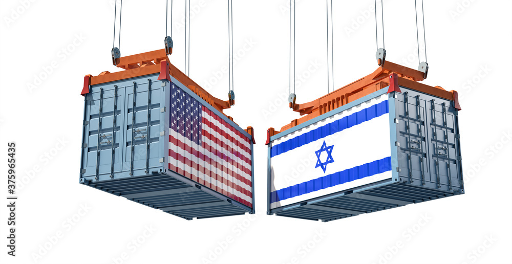 Freight containers with USA and Israel flag. 3D Rendering 