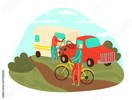 Grandparents traveling, happy man and woman in travel, healthy summer vacation together, design cartoon style vector illustration. Cheerful nature tourism, healthy outdoor vacations with bicycles.