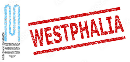 Recursive mosaic fluorescent bulb and Westphalia dirty stamp seal. Seal includes Westphalia title between parallel lines. Vector mosaic is formed with randomized fluorescent bulb icons.