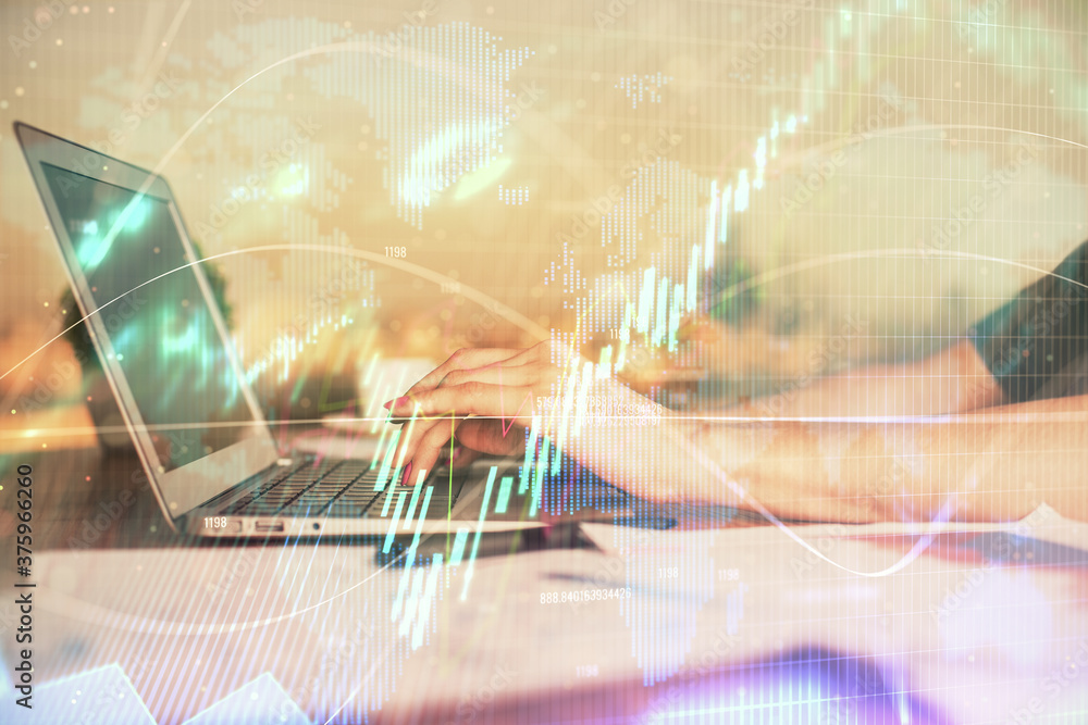 Double exposure of businesswoman hands typing on computer and forex chart hologram drawing. Financial analysis concept. Double exposure of businesswoman hands typing on computer and forex chart hologram drawing. Financial analysis concept.