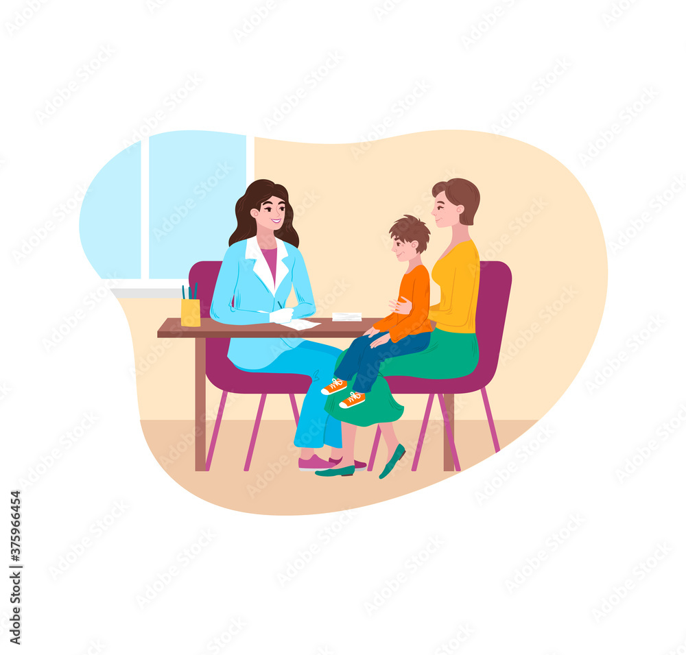 Doctor hospital, virus in medicine, children’s clinic, medical examination, cartoon style vector illustration, isolated on white. Child patient in mother’s arms, woman office gives advice treatment.