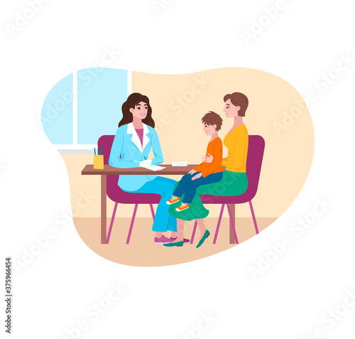 Doctor hospital, virus in medicine, children’s clinic, medical examination, cartoon style vector illustration, isolated on white. Child patient in mother’s arms, woman office gives advice treatment.