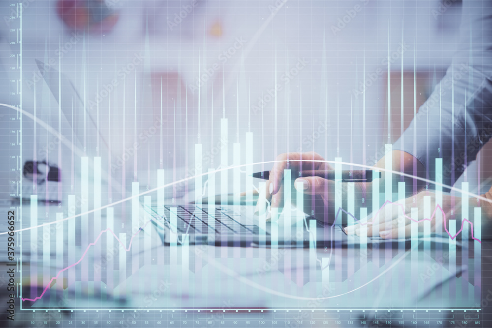 Multi exposure of woman hands typing on computer and financial chart hologram drawing. Stock market analysis concept. Multi exposure of woman hands typing on computer and financial chart hologram drawing. Stock market analysis concept.